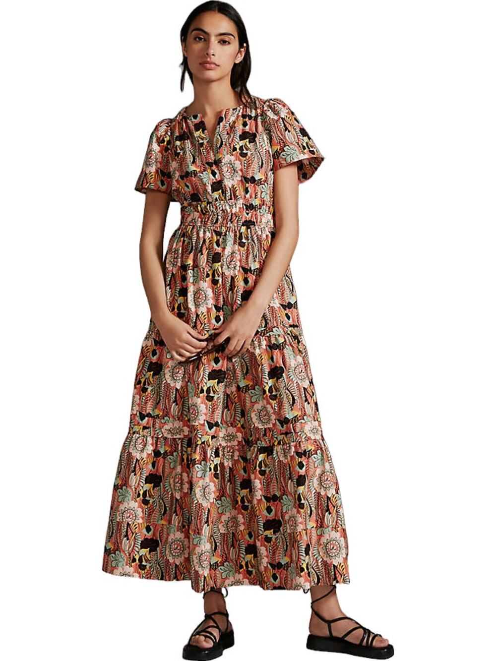 Anthroplogie Somerset Pink Brown Floral Cotton Maxi Dress Small